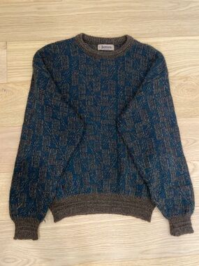 Vintage Jantzen Blue/Brown Patterned Crewneck Mohair Sweater Size XL Made in USA